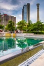 Buildings and reflecting pool at Centennial Olympic Park in down