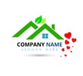 Buildings roof of house Home logo real estate construction residential symbol with Flying hearts green leaf vector.