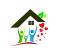 Buildings roof of house Home people logo real estate construction residential symbol with Flying hearts green leaf vector. Royalty Free Stock Photo