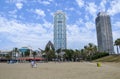 Buildings and Sandy Barceloneta beach near the port of Olympic. Barcelona, Catalonia, Spain Royalty Free Stock Photo