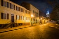 Buildings on School Street and St. Anne`s Parish at night, in Annapolis, Maryland