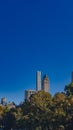 Buildings and skyscrapers of midtown Manhattan above trees, viewed from Central Park of New York City, USA Royalty Free Stock Photo