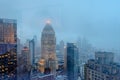 Buildings, Skyscrapers and Towers in Manhattan on a Foggy Eveningof Winter. Aerial View of New York City, USA