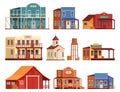 Buildings in the style of the wild west. Old wooden houses of different types in the wild west. Living and daily life of Royalty Free Stock Photo
