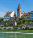 Buildings of the Swiss town of Bremgarten along the Reuss river Royalty Free Stock Photo