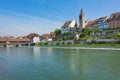 Buildings of the Swiss town of Bremgarten along the Reuss river Royalty Free Stock Photo