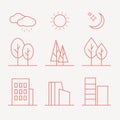 Buildings, transport, car and tree line icons set. Elements for city map. Weather rain or sun, lamp and bench Royalty Free Stock Photo