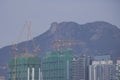 Buildings under construction in the newly developed area of ??Kowloon City against the background of the Lion Rock