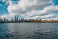 Buildings in the Upper West Side and the Jacqueline Kennedy Onassis Reservoir, in Central Park, Manhattan, New York CIty Royalty Free Stock Photo