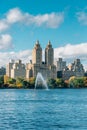 Buildings in the Upper West Side and the Jacqueline Kennedy Onassis Reservoir, in Central Park, Manhattan, New York CIty Royalty Free Stock Photo