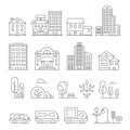 Buildings and urban objects. Vector linear pictures of cars, house and urban trees