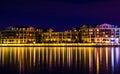 Buildings on the waterfront at night in the Inner Harbor, Baltimore, Maryland. Royalty Free Stock Photo