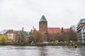 Builging at the riverbank of the spree river of red brick cathedral-like complex of the Markisches Museum marcher museum in a