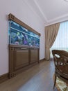 Built-in aquarium with a cabinet under it in a classic style in a wooden frame