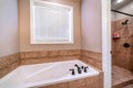 Built in bathtub and shower stall inside bathroom of home with brown tiles Royalty Free Stock Photo