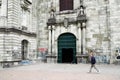 BOGOTA, COLOMBIA, JUNE 28, 2019: Detail of the Church of San Francisco or Iglesia de San Francisco near skyscrapers in Bogota.