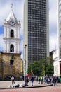 BOGOTA, COLOMBIA, JUNE 28, 2019: Church of San Francisco or Iglesia de San Francisco near skyscrapers in Bogota.