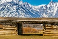 Gorgeous landscape of the mountains of the Grand Teton National Park behind the historic Cunningham Cabin.