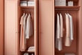 Built in peach color wardrobe in bedroom with big window