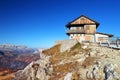 The mountain hut Rifugio Nuvolau, the oldest refuge in the Dolomites in an autumn sunny day. Royalty Free Stock Photo