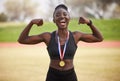 Built of tough stuff. Cropped portrait of an attractive young female athlete celebrating her victory. Royalty Free Stock Photo