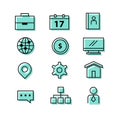 Buiness corporate office icon set with computer monitor coin pi