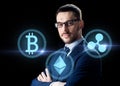 Buisnessman with cryptocurrency icons