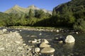 Bujaruelo Valley in the Pyrenees mountains in spring with the Ara river in foreground Royalty Free Stock Photo