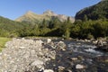 Bujaruelo Valley in the Pyrenees mountains in spring with the Ara river in foreground Royalty Free Stock Photo