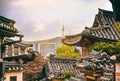 Bukchon Hanok historic district in Seoul at sunset, South Korea. Royalty Free Stock Photo