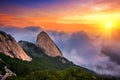 Bukhansan mountains is covered by morning fog and sunrise. Royalty Free Stock Photo