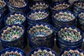 Bukhara. Uzbekistan. Shopping place. Ceramic cups and bowls decorated by traditional uzbek patterns. Blue pattern Royalty Free Stock Photo