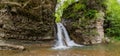 Bukhtivets waterfall in Ukrainian Carpathians, panoramic general view Royalty Free Stock Photo