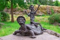 Buki or Buky, Kyiv Region, UKRAINE - June 30, 2019: Bronze Sculpture of Buratino or Pinocchio with the Golden Key and Tortilla