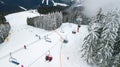 Bukovel, UKRAINE - December 25, 2017: Aerial view of the cable car in the ski resort