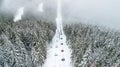 Bukovel, UKRAINE - December 25, 2017: Aerial view of the cable car in the ski resort