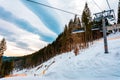 Bukovel Ukraine February 3 2019: cable car for skiers and tourists in Bukovel mountain landscapes