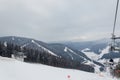 BUKOVEL, UKRAINE - FEBRUARY 28, 2018 Panoramic view of the ski slope, chairlift and mountains in Ukraine, Carpathian mountains reg Royalty Free Stock Photo