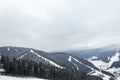 BUKOVEL, UKRAINE - FEBRUARY 28, 2018 Panoramic view of the ski slope, ski slope and mountains in Ukraine, Carpathian mountains reg Royalty Free Stock Photo