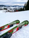 Bukovel Ukraine - February 2022 Ski set Professional skiing with poles Winter sport outdoor activities extreme. Winter