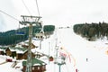 Bukovel, Ukraine February 3, 2019: vacation in the Carpathians, ski resort Bukovel, ski lift Royalty Free Stock Photo