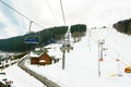 Bukovel, Ukraine February 3, 2019: vacation in the Carpathians, ski resort Bukovel, ski lift Royalty Free Stock Photo