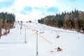 Bukovel, Ukraine February 3, 2019: vacation in the Carpathians, ski resort Bukovel, ski lift Royalty Free Stock Photo