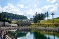 Bukovel. Ukraine. 17. July. 2021. Beautiful cottages and hotels in a ski resort. Carpathians. Summer rest Royalty Free Stock Photo