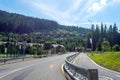 Bukovel. Ukraine. 17.July. 2021. Beautiful streets of the resort, with hotels and holiday cottages, against the backdrop of Royalty Free Stock Photo