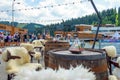 Bukovel. Ukraine. 17. July. 2021. Lake of Youth. A beautiful cafe on the beach of a mountain lake. Carpathians. Summer rest Royalty Free Stock Photo