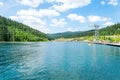 Bukovel. Ukraine. 17. July. 2021. Lake of Youth. Nice view of the mountain lake. Carpathians. Summer Vacation Royalty Free Stock Photo