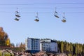 Bukovel, Ukraine, October 3, 2021 Ski elevator in Mountains ski resort. Hotels.