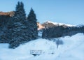 Bukreev peak above winter snowy forest, bridge over the river and Butakov gorge in Almaty city Royalty Free Stock Photo