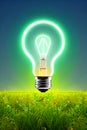 Bulb illuminating green grass, symbolizing green power, environmental protection